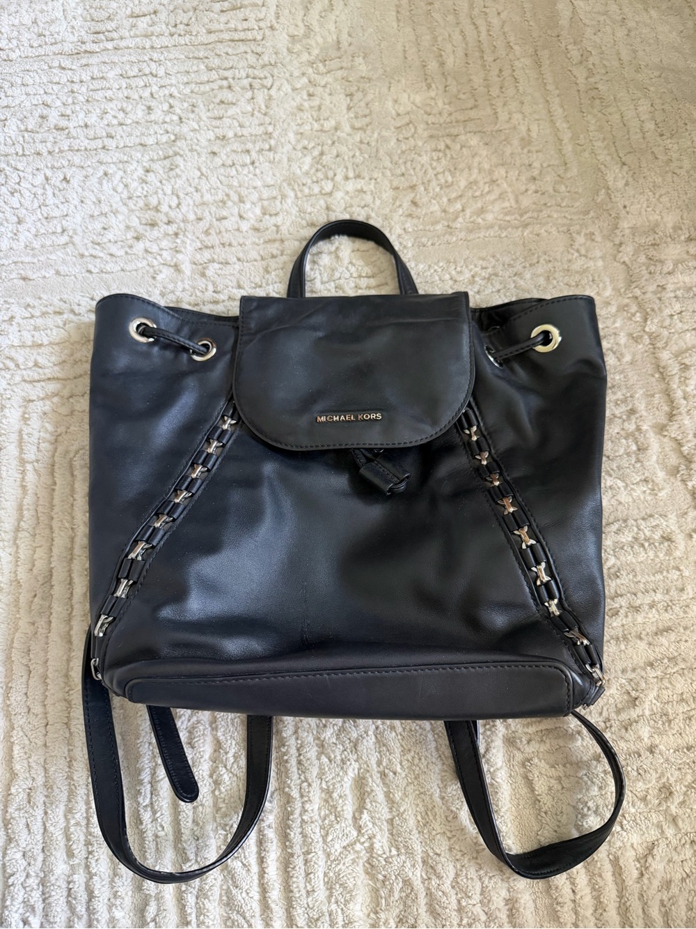 Michael Kors Black Leather Chain-Trim Drawstring Backpack